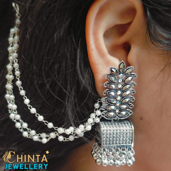 Oxidized Silver Jhumka Drop Earrings with Pearl Chain - Chinta Jewellery Store
