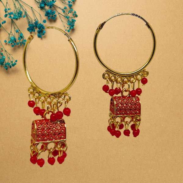 Red and Gold Jhumka Hoop Earrings - Chinta Jewellery Srore