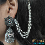 Oxidized Silver Hoop Earrings with Jhumka and Chain - Chinta Jewellery Store