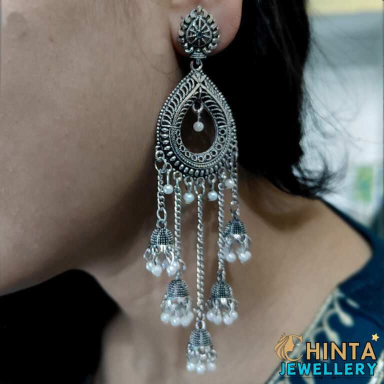 Oxidized Silver Hoop Earrings with Jhumka and Chain - Chinta Jewellery Store
