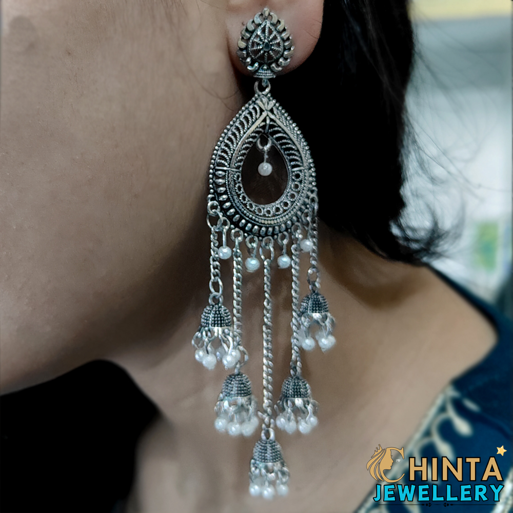 Oxidized Silver Hoop Earrings with Jhumka and Chain - Chinta Jewellery Store