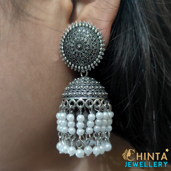 Oxidized Silver Jhumka Earrings with Pearl Drops - Chinta Jewellery Store