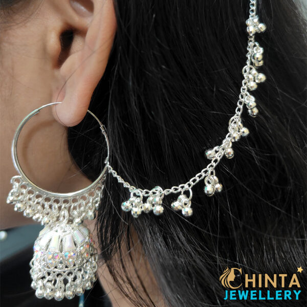 Oxidized Silver Hoop Earrings with Jhumka and Chain - Chinta Jewellery Store