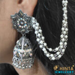 Oxidized Silver Hoop Earrings with Jhumka and Chain - Chinta Jewellery Store