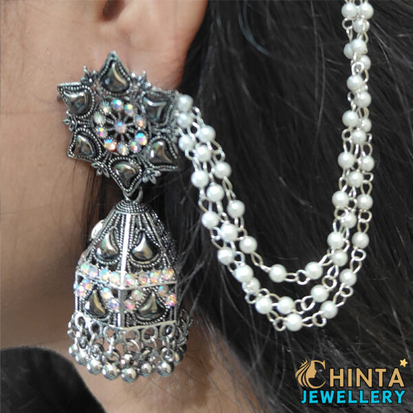 Oxidized Silver Hoop Earrings with Jhumka and Chain - Chinta Jewellery Store