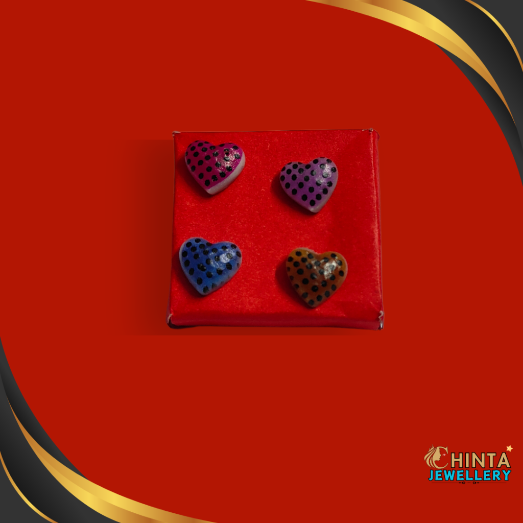 A set of 4 heart-shaped stud earrings featuring colorful designs with polka dot patterns in pink, purple, blue, and orange. Perfect for adding charm to any outfit!