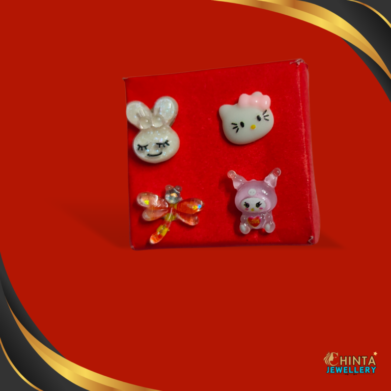 This adorable set of 4 stud earrings features charming cartoon characters: a bunny, Hello Kitty, a dragonfly, and a cute alien. Perfect for adding a playful touch to any outfit!