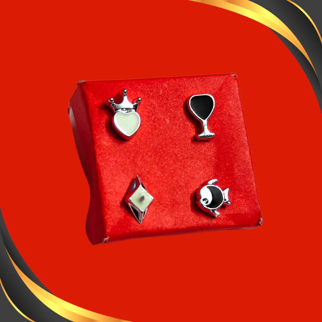 This elegant set of 4 stud earrings features a crown, heart, wine glass, and fish design. Perfect for adding a touch of sophistication to any outfit!