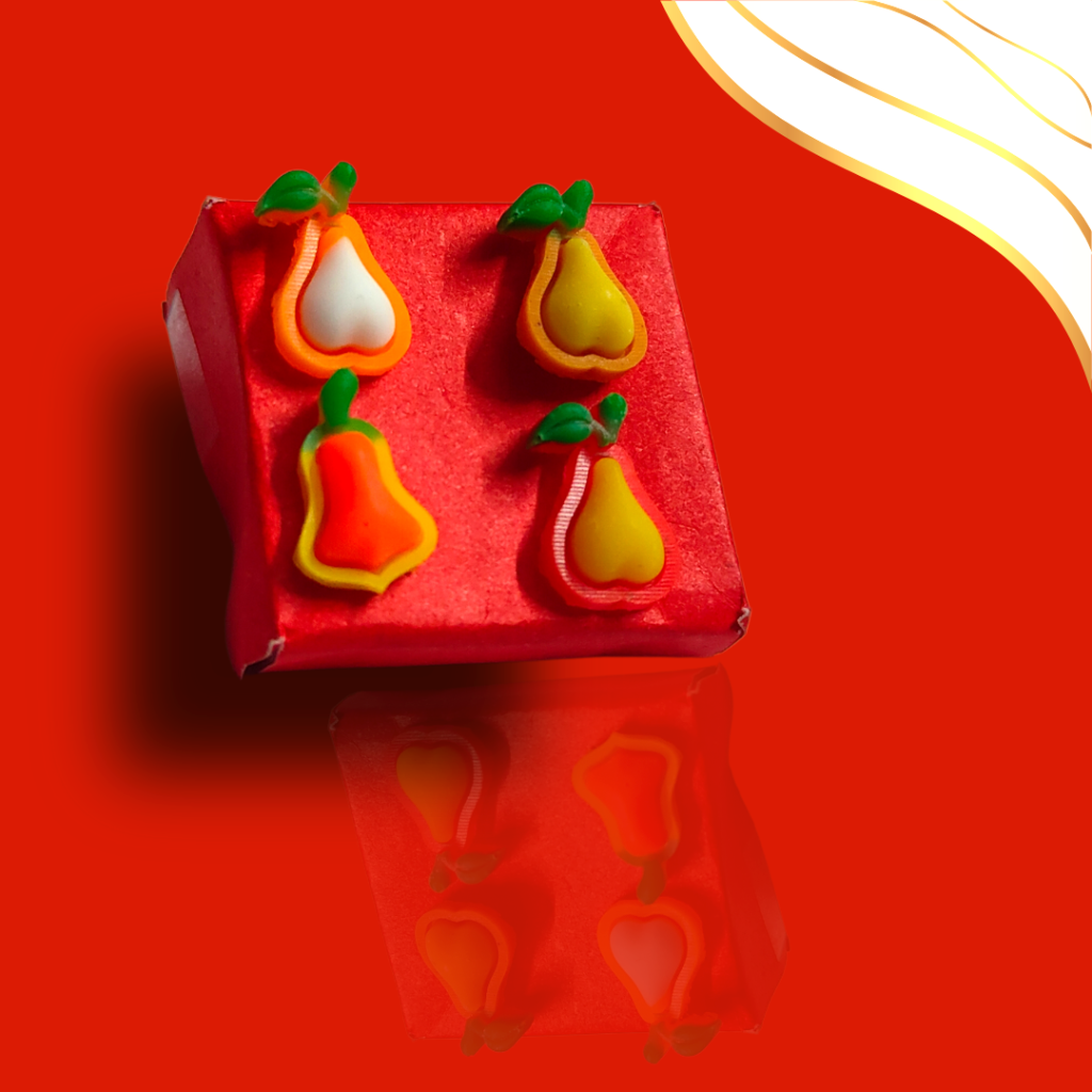 Brighten up your style with this colorful set of 4 fruit-themed stud earrings featuring pear and pepper designs. Perfect for casual wear and adding a playful touch to your outfit!