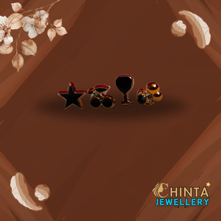 This adorable set of 4 mini stud earrings features unique designs—a star, cherries, a wine glass, and a cluster of beads. Perfect for everyday wear or to add a fun twist to your style!