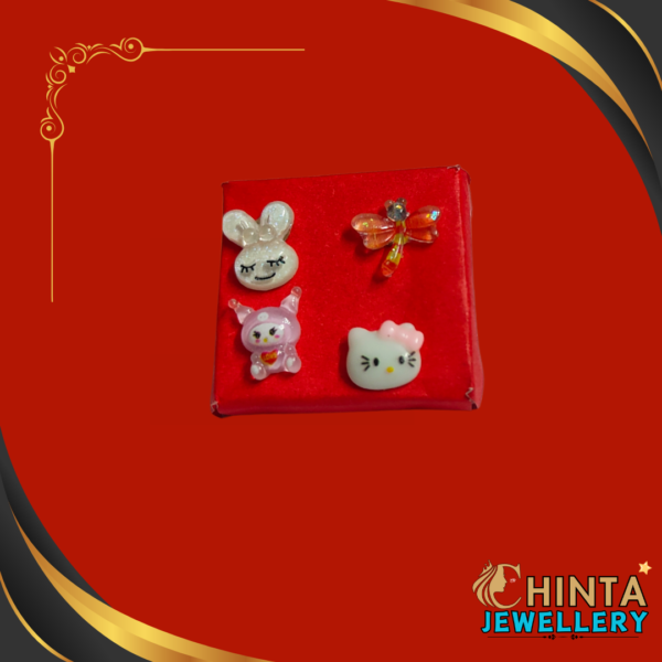 This adorable set of 4 stud earrings features charming cartoon characters: a bunny, a dragonfly, a cute alien, and Hello Kitty. Perfect for adding a playful touch to any outfit!