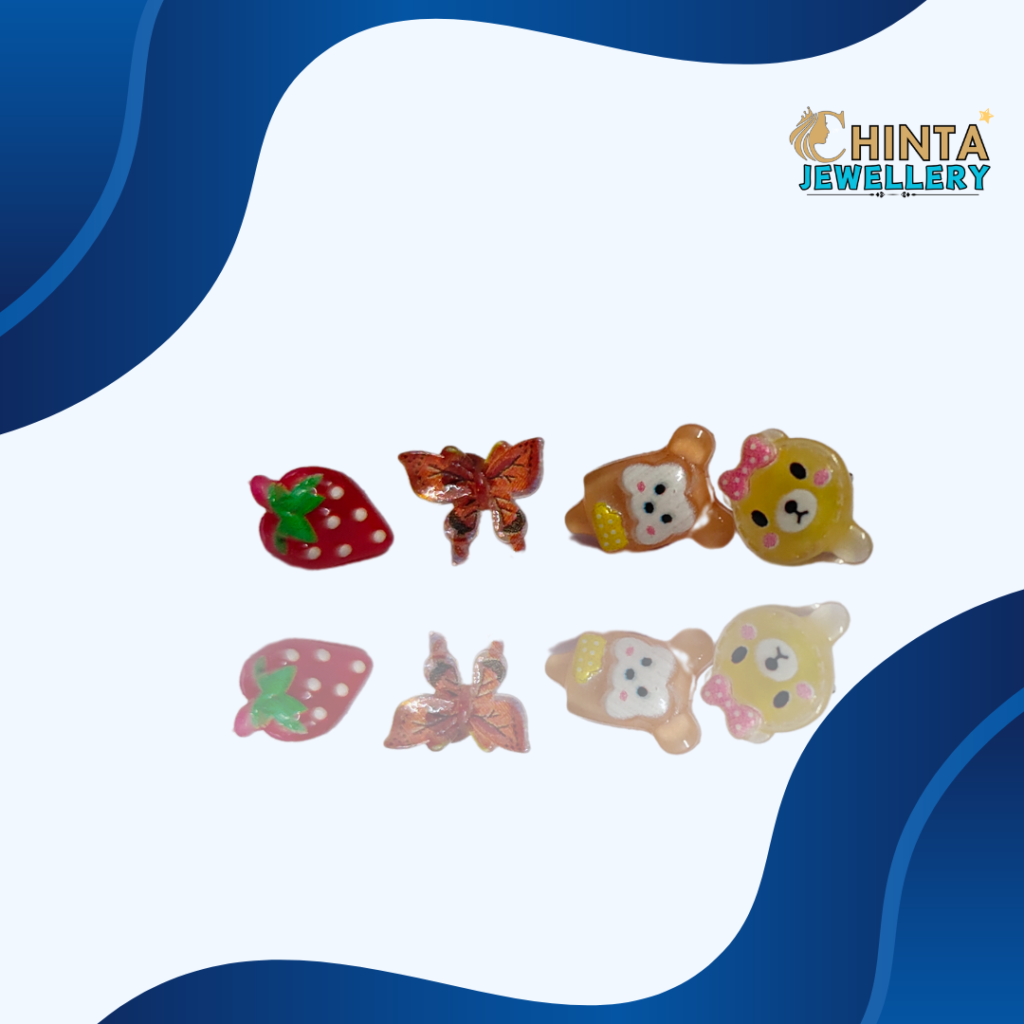 Add a playful touch to your style with this adorable set of 4 cartoon stud earrings, featuring a strawberry, a butterfly, and two charming bears.