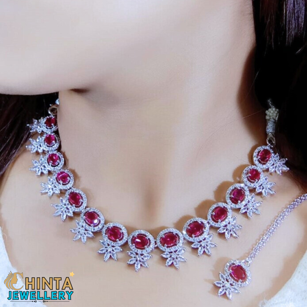 Radiant Ruby & Cubic Zirconia Necklace, Earring & Maang Tikka Set - Chinta Jewellery Store