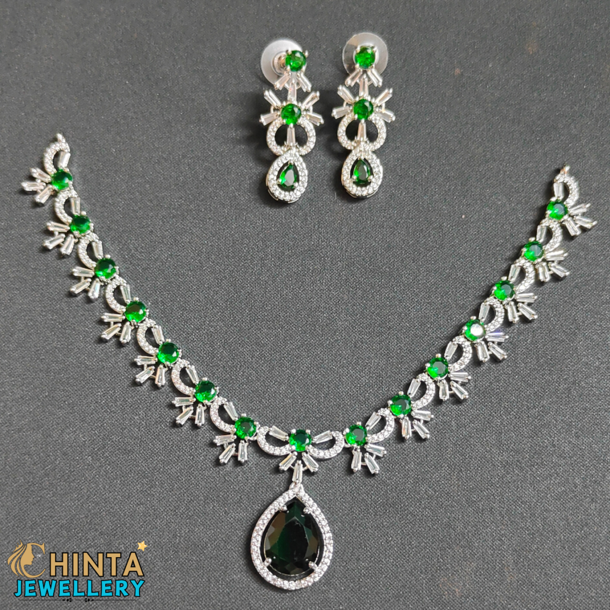 Elegant Emerald Green Teardrop American Diamond Necklace & Earring Set - Chinta Jewellery Store