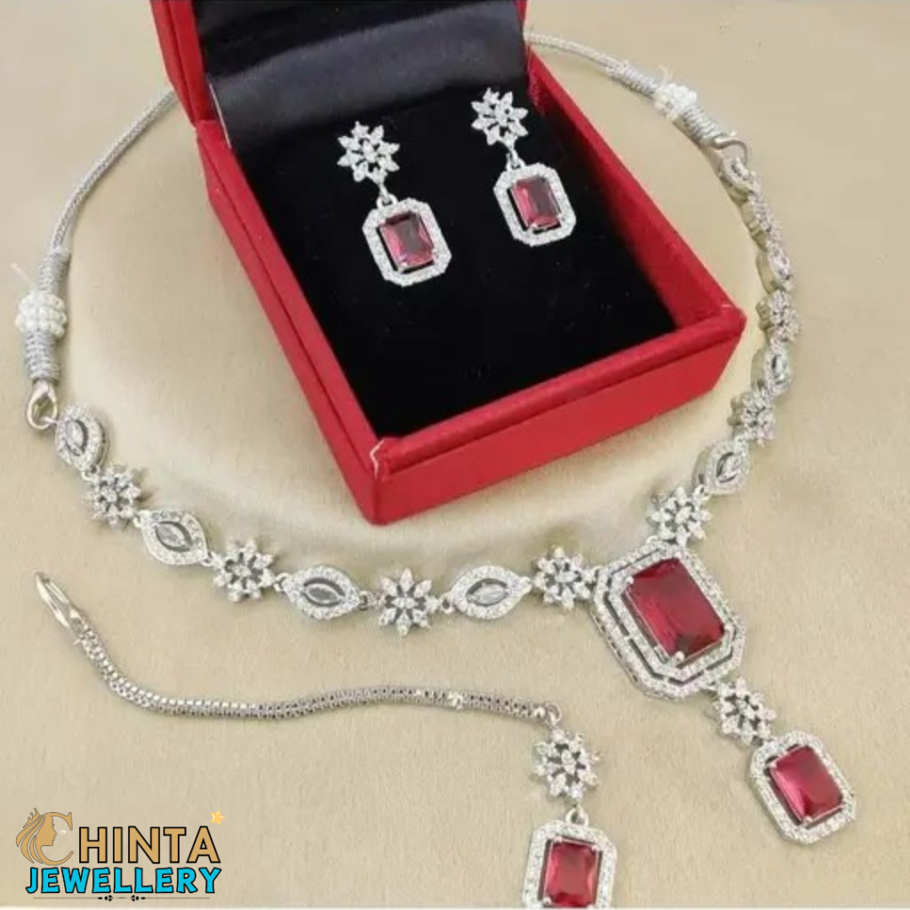 Radiant Ruby Red & American Diamond Necklace & Earring Set - Chinta Jewellery Store