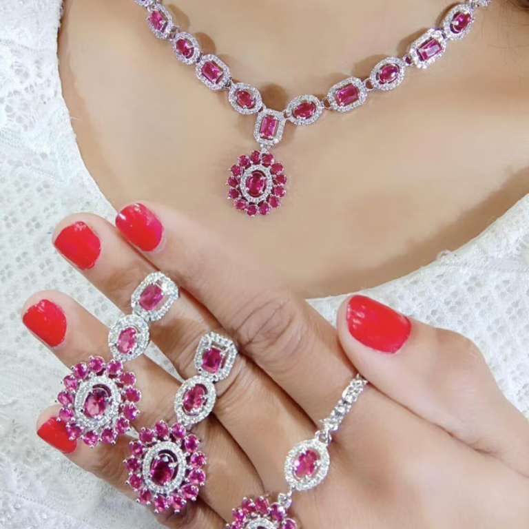 Radiant Ruby Red & American Diamond Necklace & Earring Set - Chinta Jewellery Store