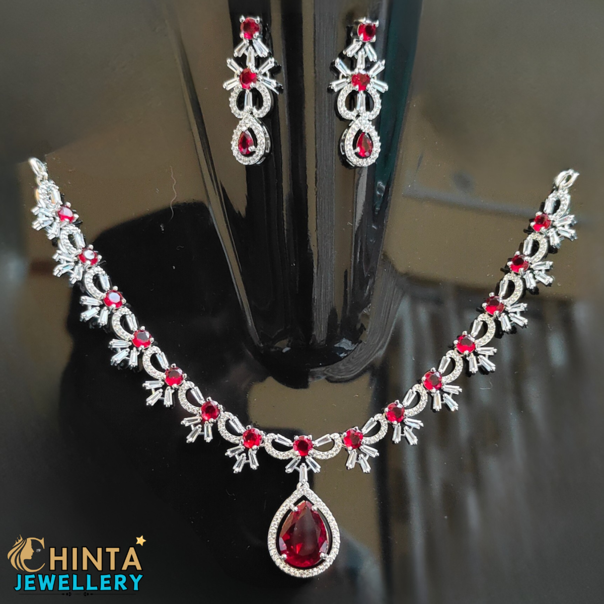 Dazzling Ruby Red & American Diamond Necklace & Earring Set - Chinta Jewellery Store