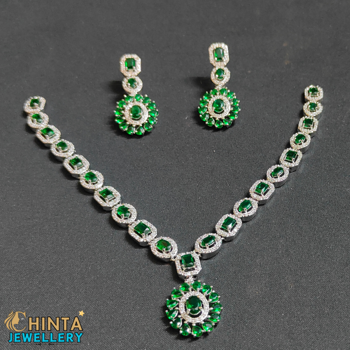 Elegant Emerald Green & American Diamond Necklace & Earring Set - Chinta Jewellery Store