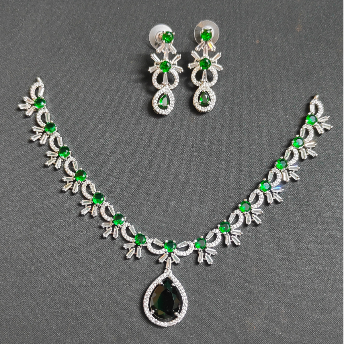 Elegant Emerald Green Teardrop American Diamond Necklace & Earring Set - Chinta Jewellery Store
