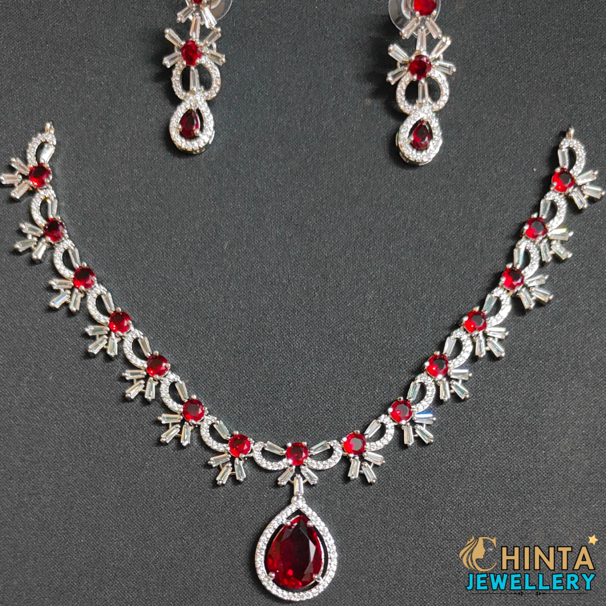 Dazzling Ruby Red & American Diamond Necklace & Earring Set - Chinta Jewellery Store