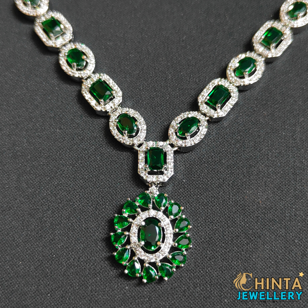 Elegant Emerald Green & American Diamond Necklace & Earring Set - Chinta Jewellery Store