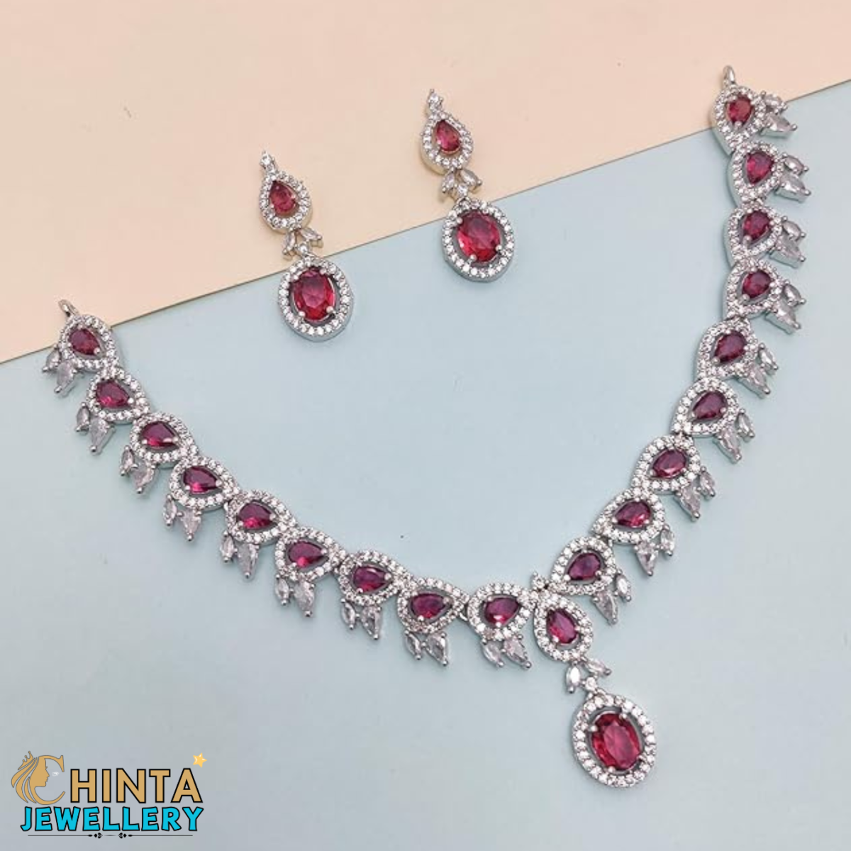 Indian High Quality New Style Bridal Fancy Ruby Red & American Diamond Necklace & Earring Set - Chinta Jewellery Store