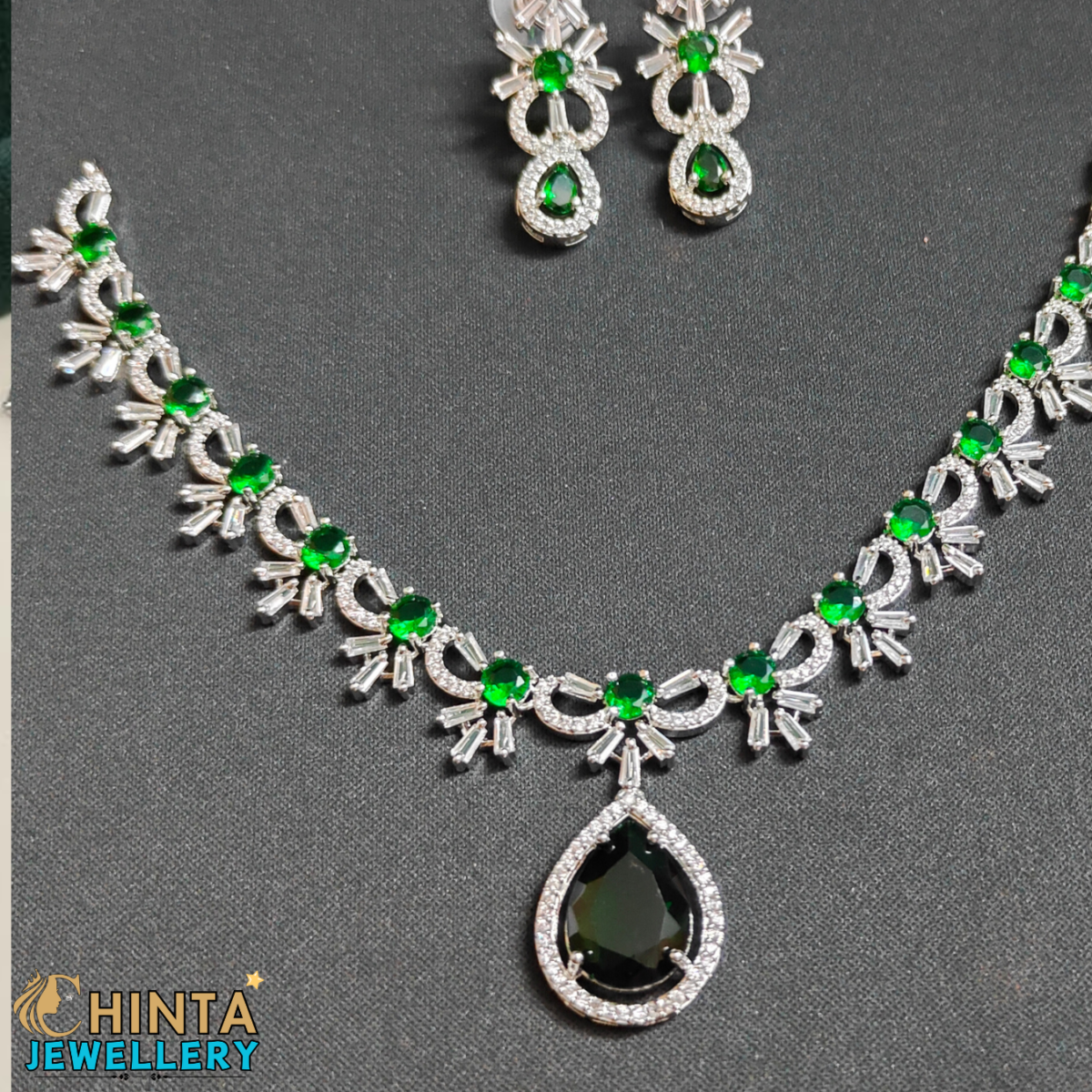 Elegant Emerald Green Teardrop American Diamond Necklace & Earring Set - Chinta Jewellery Store