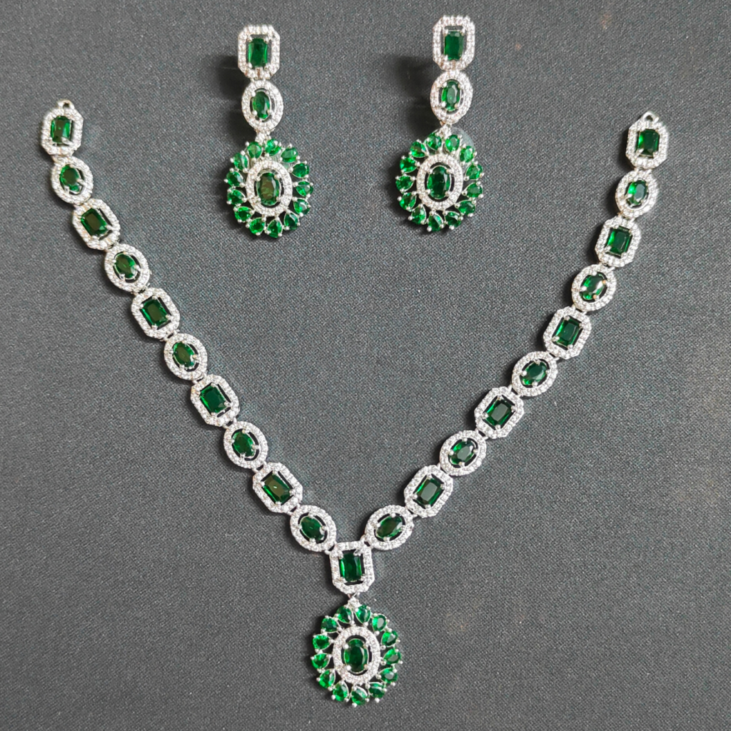 Elegant Emerald Green & American Diamond Necklace & Earring Set - Chinta Jewellery Store