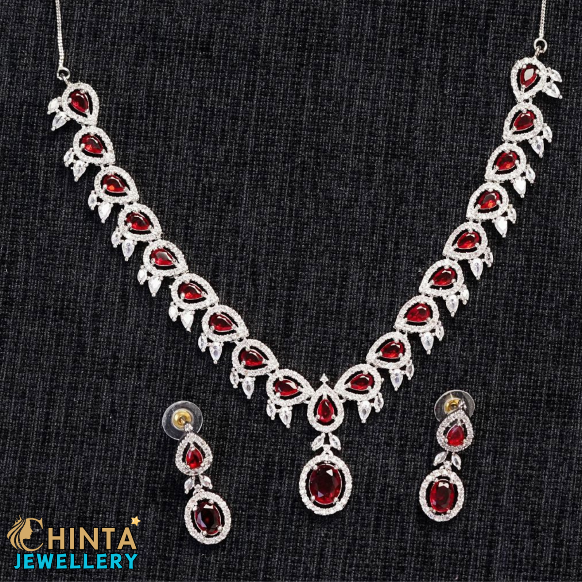 Indian High Quality New Style Bridal Fancy Ruby Red & American Diamond Necklace & Earring Set - Chinta Jewellery Store