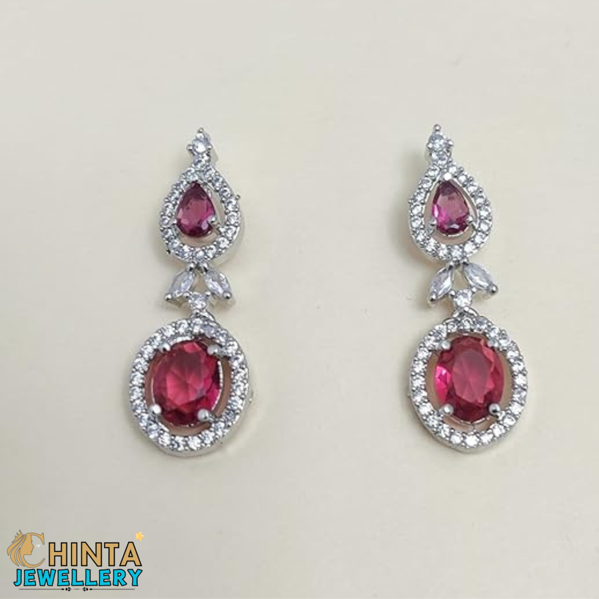 Indian High Quality New Style Bridal Fancy Ruby Red & American Diamond Necklace & Earring Set - Chinta Jewellery Store