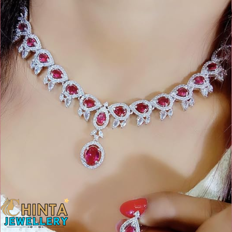 Indian High Quality New Style Bridal Fancy Ruby Red & American Diamond Necklace & Earring Set - Chinta Jewellery Store